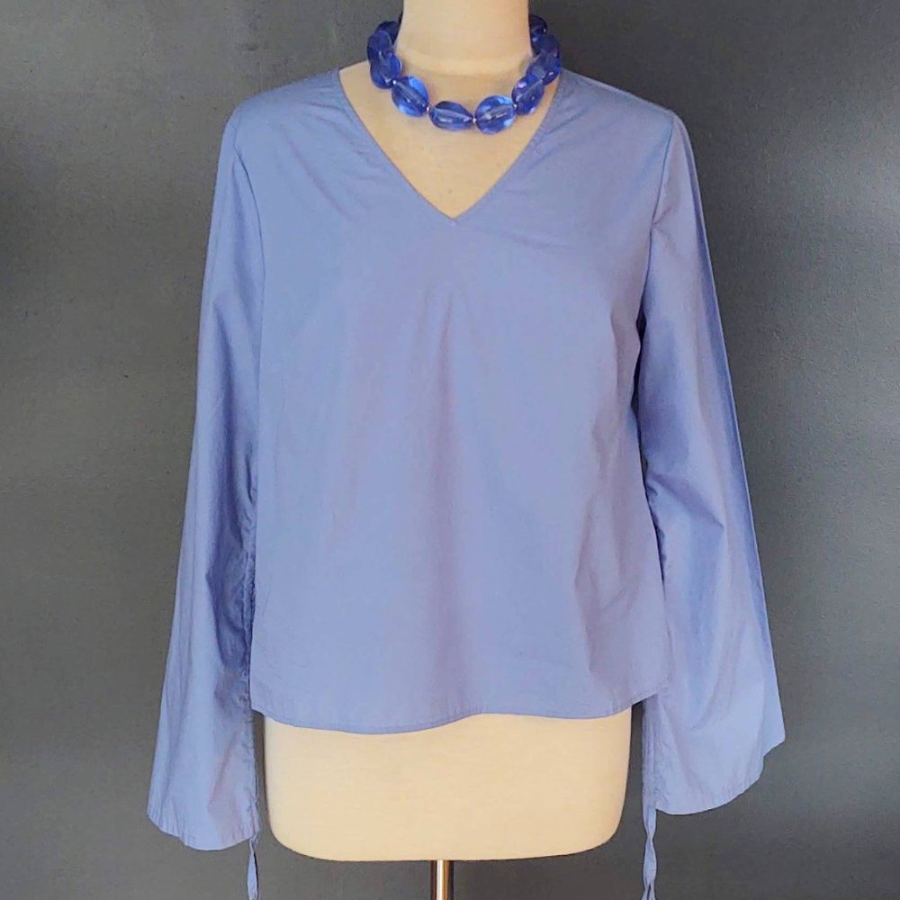 Blue V neck drawstring sleeve top